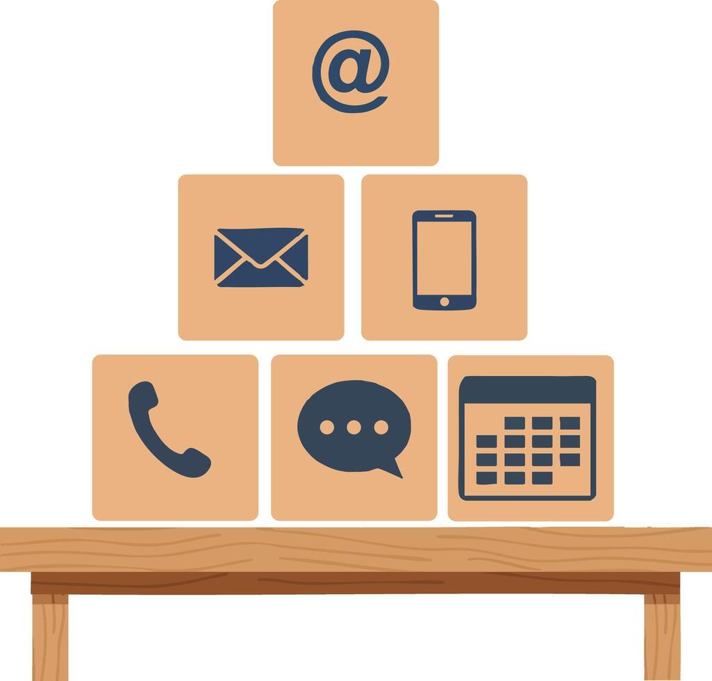Communication icons stacked on wooden blocks with table illustration design for digital contact concept vector