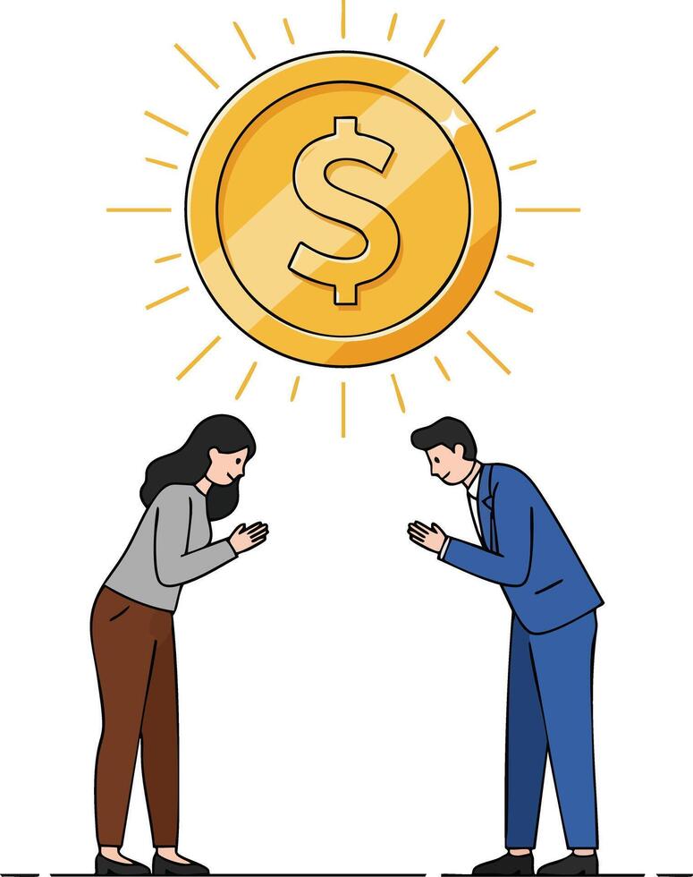 Businesspeople bowing respectfully under shining gold dollar coin symbolizing financial respect and cooperation in business environment illustration vector