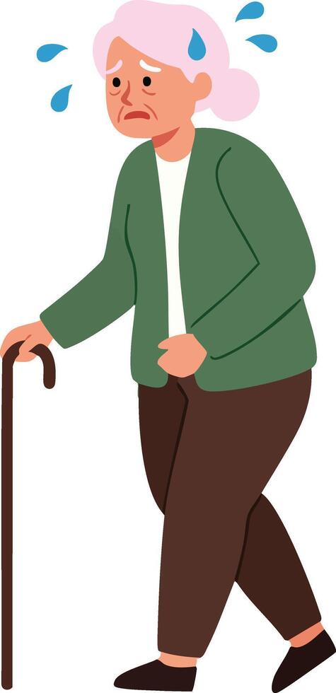 Elderly woman walking with cane and showing signs of distress or fatigue illustration vector