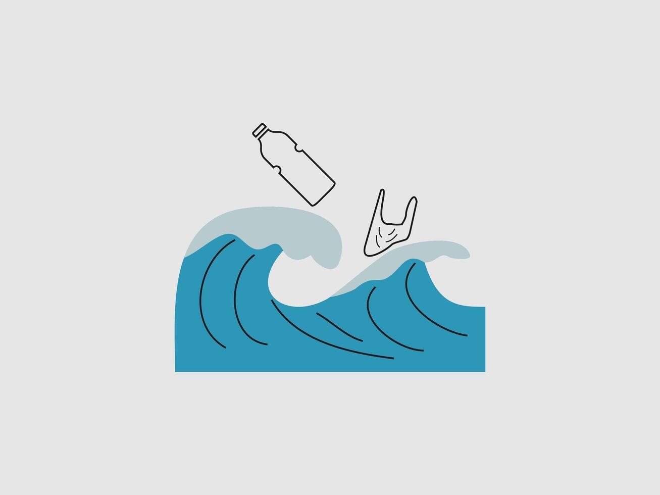 An illustration depicting a plastic bottle and a plastic bag floating on a large blue wave vector
