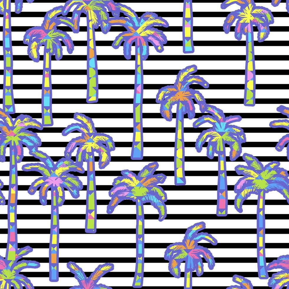 seamless tropical pattern with bright palm tree on stripped background. vector