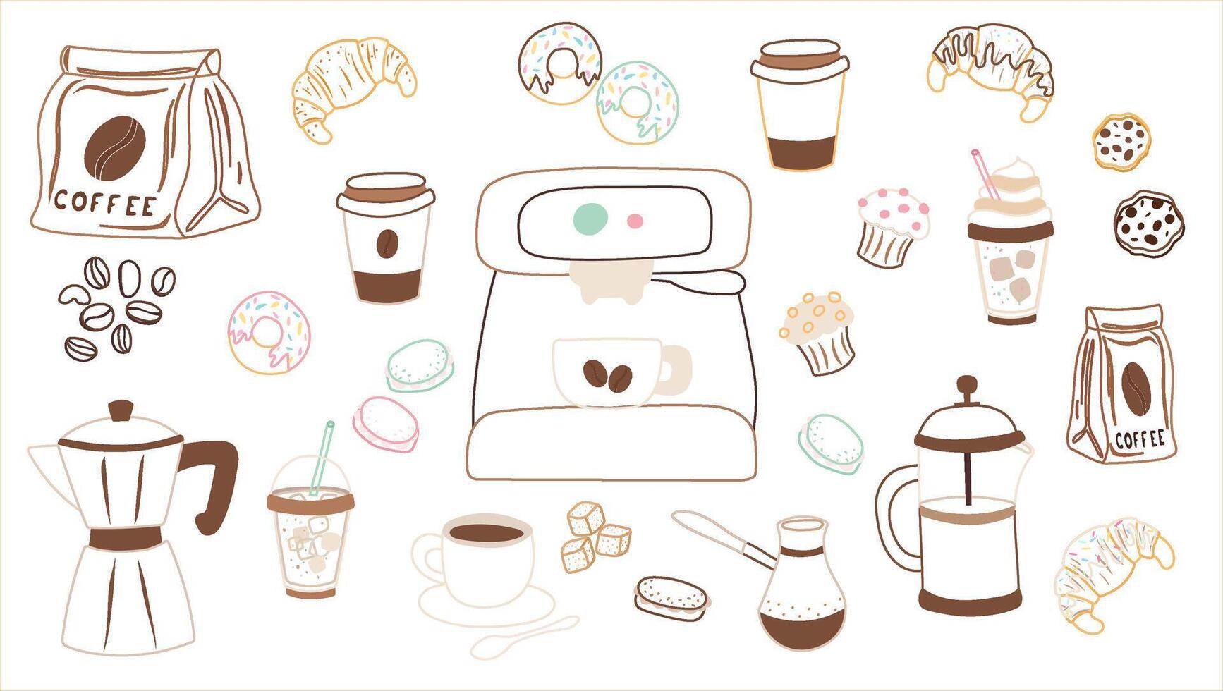 set of coffee drinks and desserts in stroke style vector
