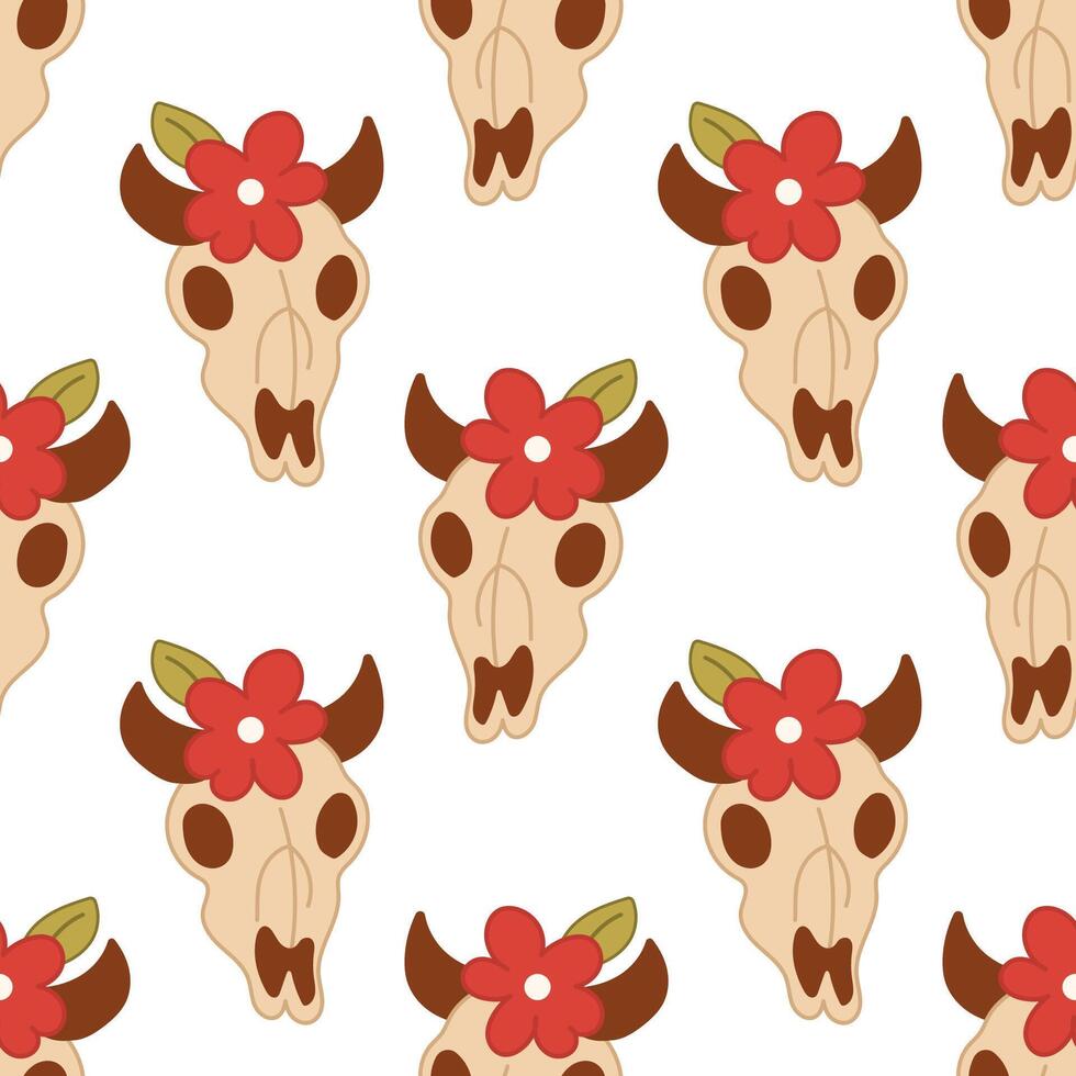 Skull pattern with horns and red flowers vector