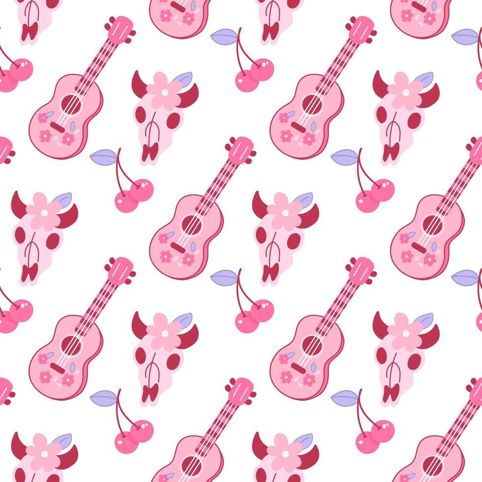 Seamless pattern with skulls, guitars, cherries vector