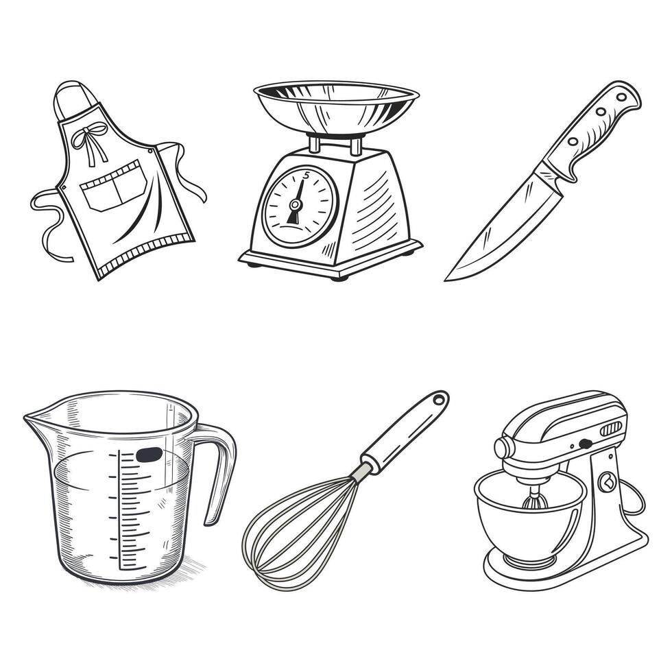 A collection of kitchen tools and baking equipment in a sketch style featuring an apron scale knife measuring cup whisk and stand mixer vector