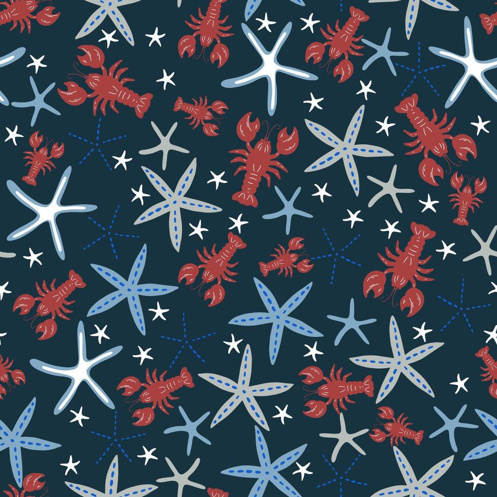 Marine hand drawn pattern with seastars, coral and lobsters. Perfect for textiles, wallpaper and prints. vector