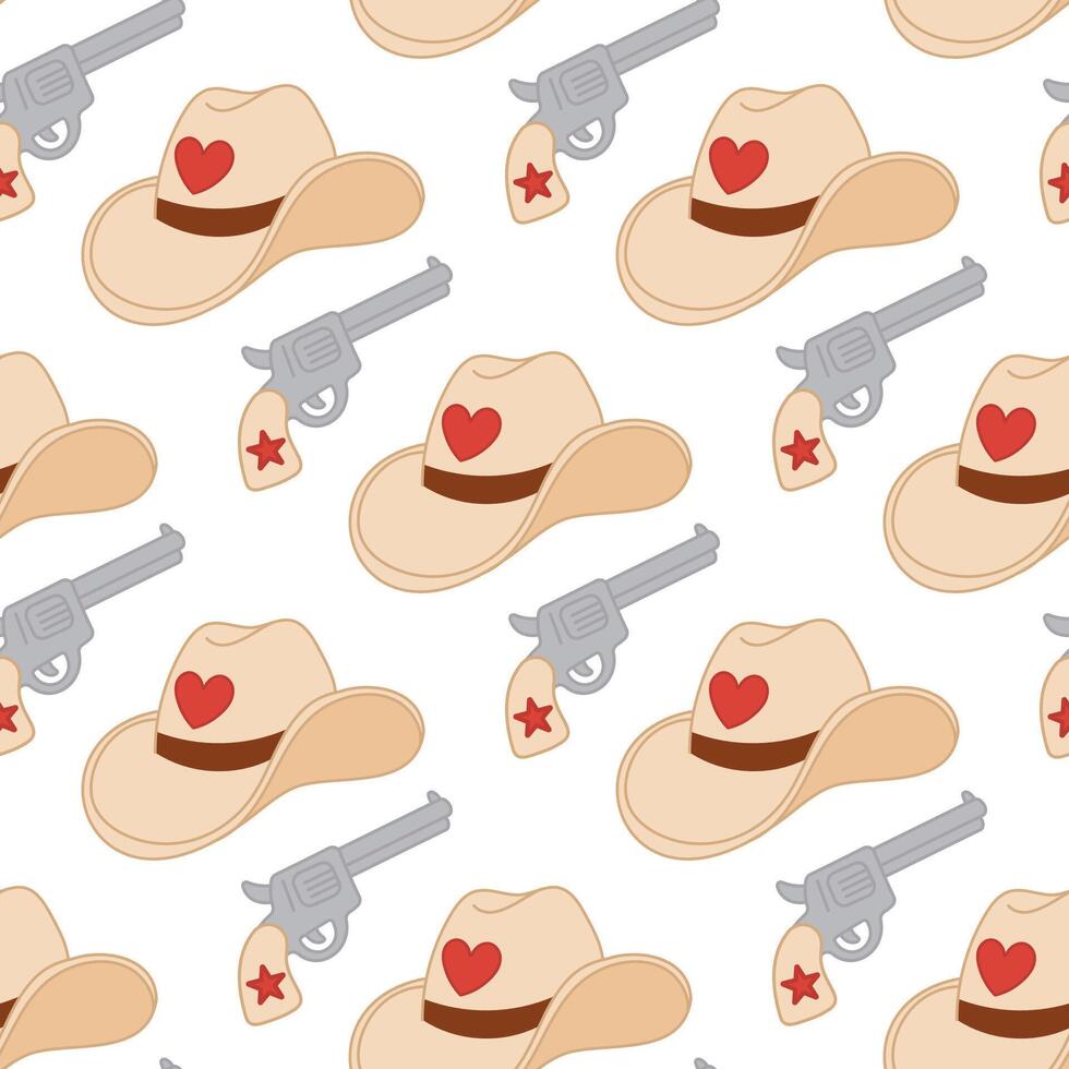 Seamless cowboy hat and revolver pattern vector