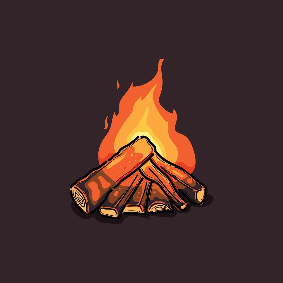 Digital illustration of a campfire featuring wooden logs and flames against a solid backdrop, evoking warmth and camping aesthetics. vector