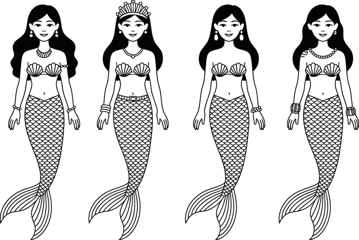 Set of four black and white outline mermaid characters with various accessories vector