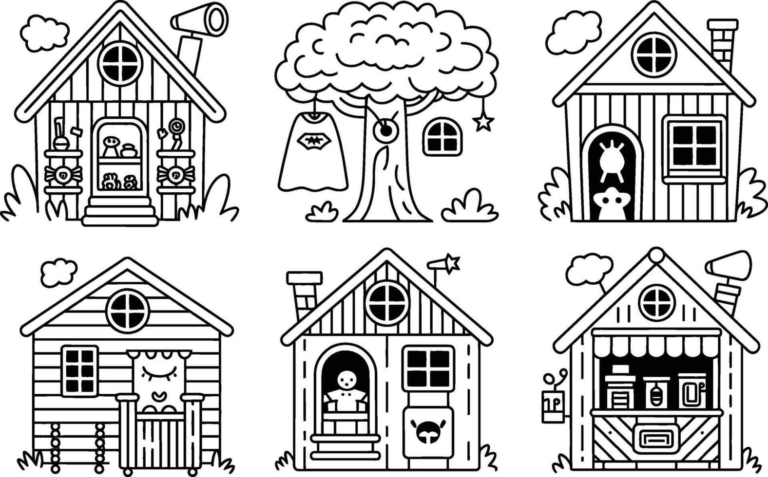 Line art playhouses with tree and cape black and white illustration vector