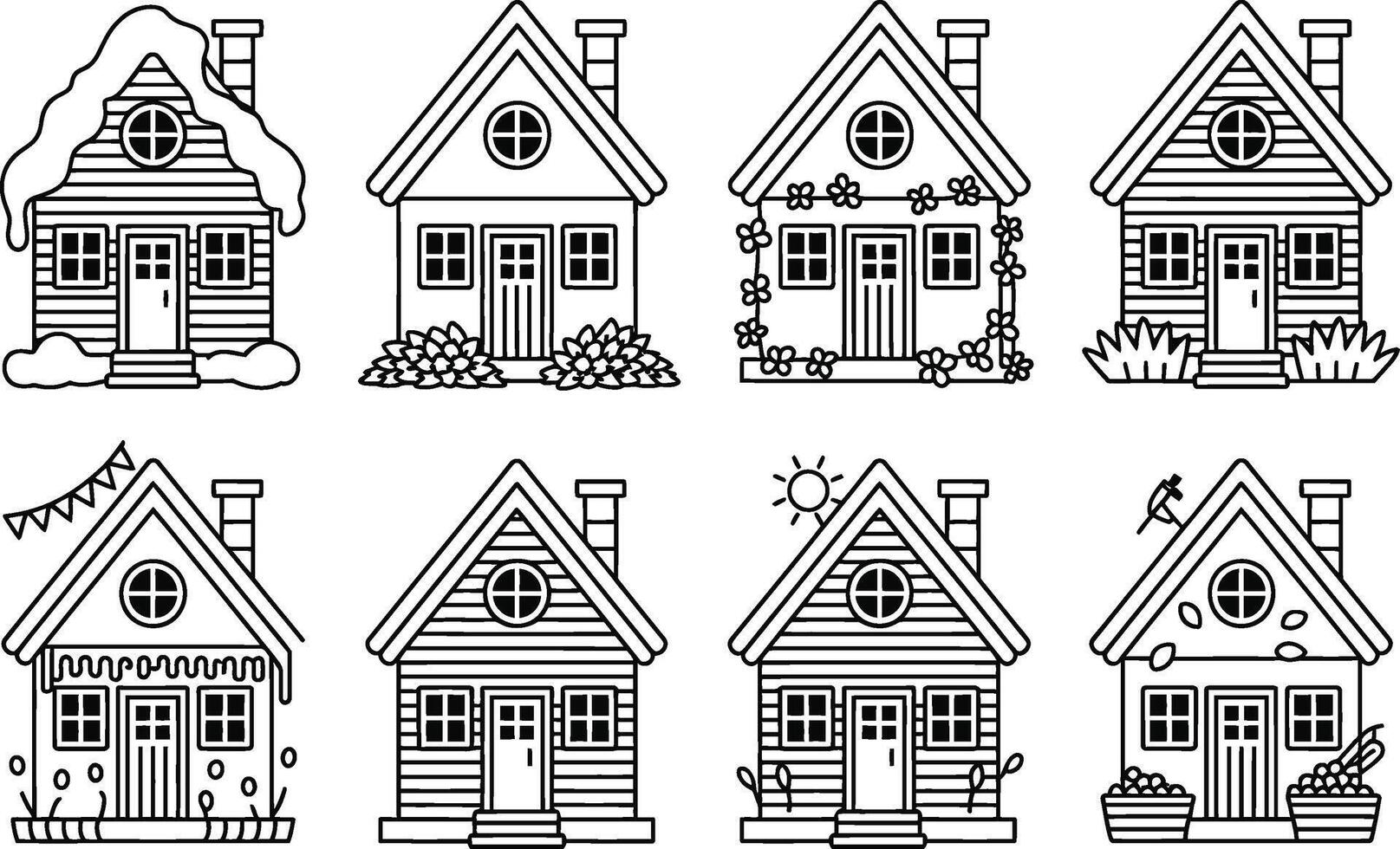 Collection of house icons with seasonal and decorative elements in line art style vector