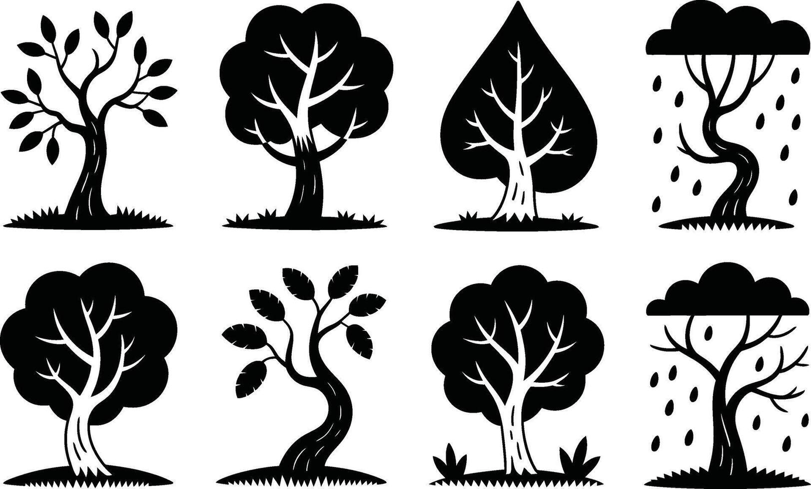 Collection of black and white trees set natural elements isolated vector
