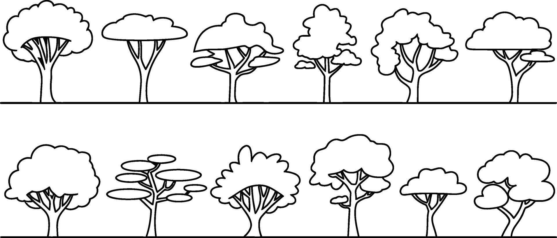 Collection of stylized trees in outline illustration of various shapes and forms vector
