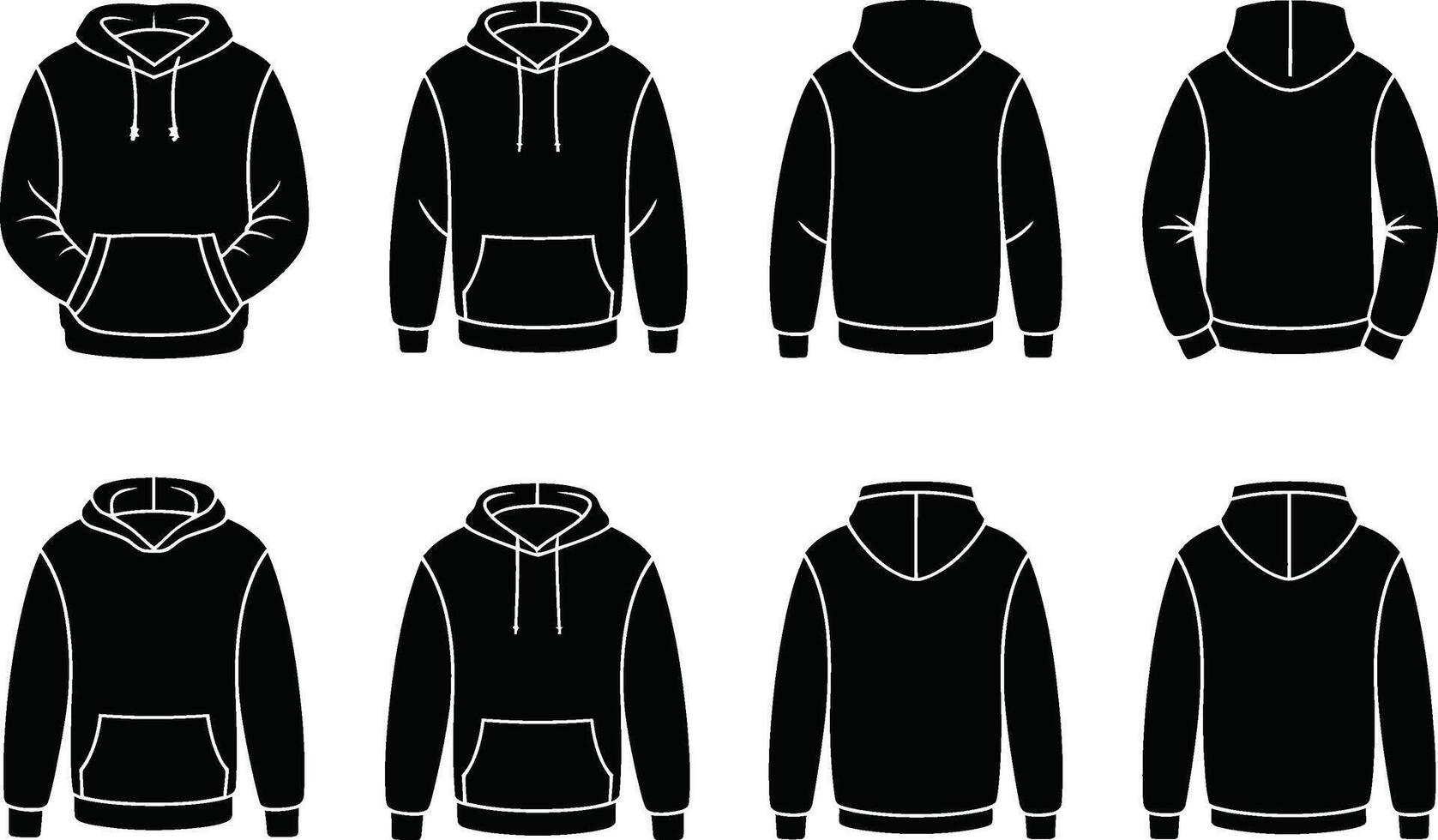 Black hoodie sweatshirt templates front and back view clothing design illustration vector