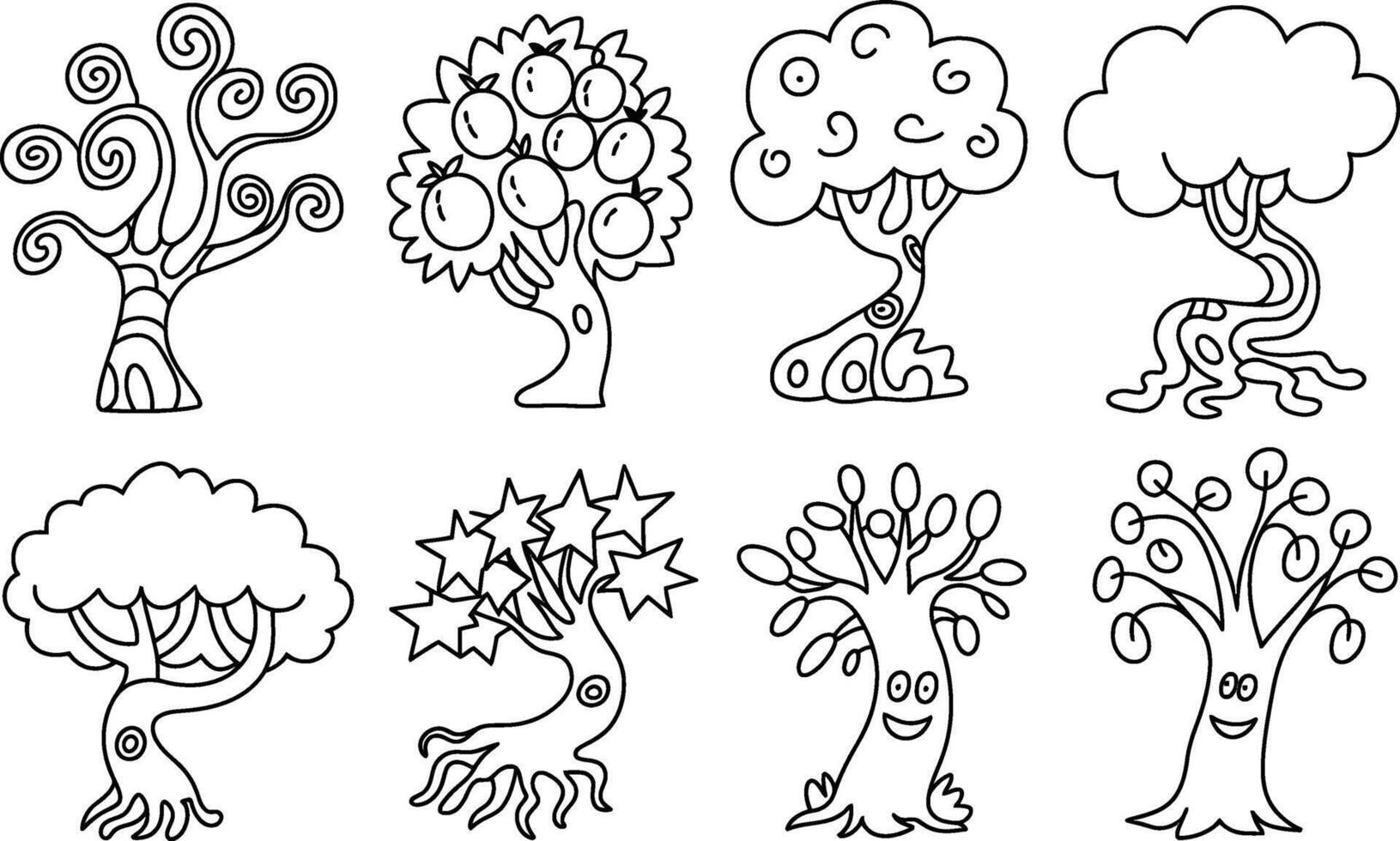 Collection of hand drawn stylized trees in black and white outline vector