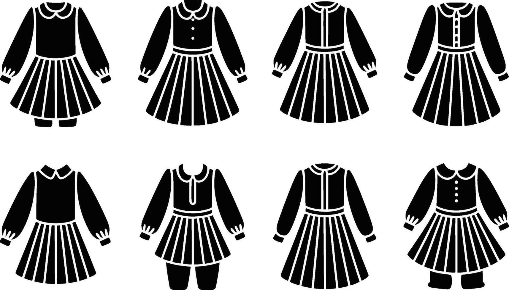 Collection of dresses clothing line silhouette for childrens fashion design elements vector