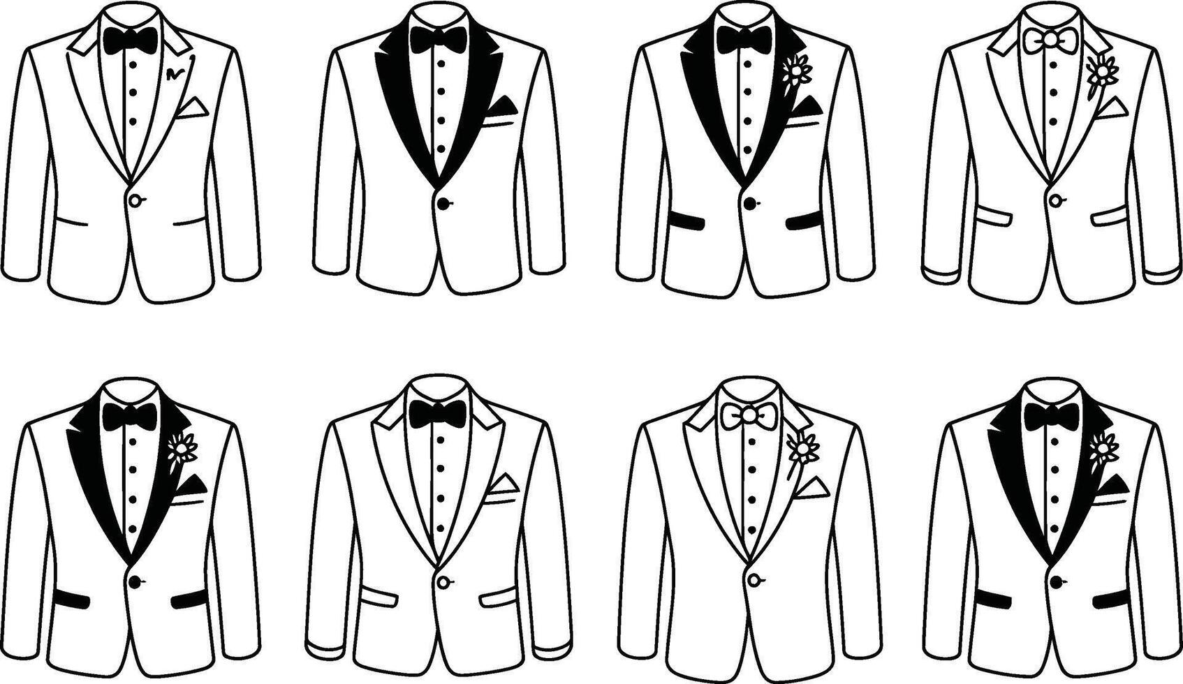 Collection of formal tuxedos with bow ties for weddings and special events vector