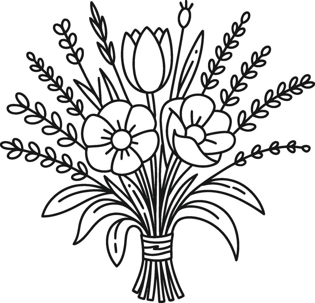 Elegant black and white line art bouquet of flowers and leaves illustration vector