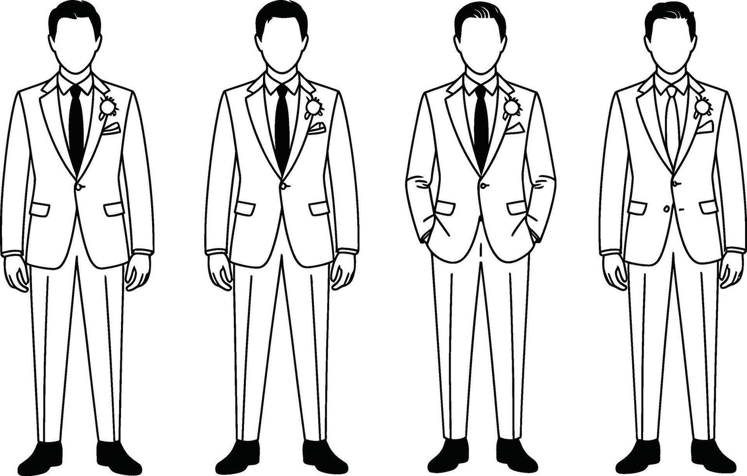 Groomsmen illustration various suits wedding party apparel black and white vector
