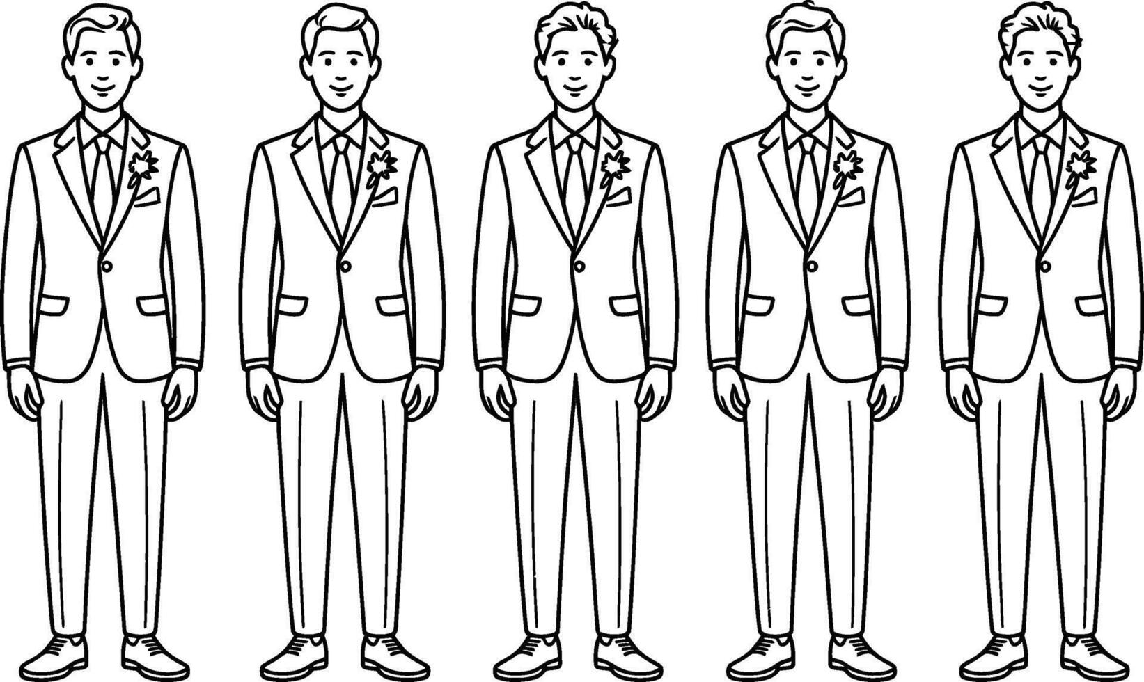 Line art illustration of five groomsmen wearing suits with flower lapel pins vector