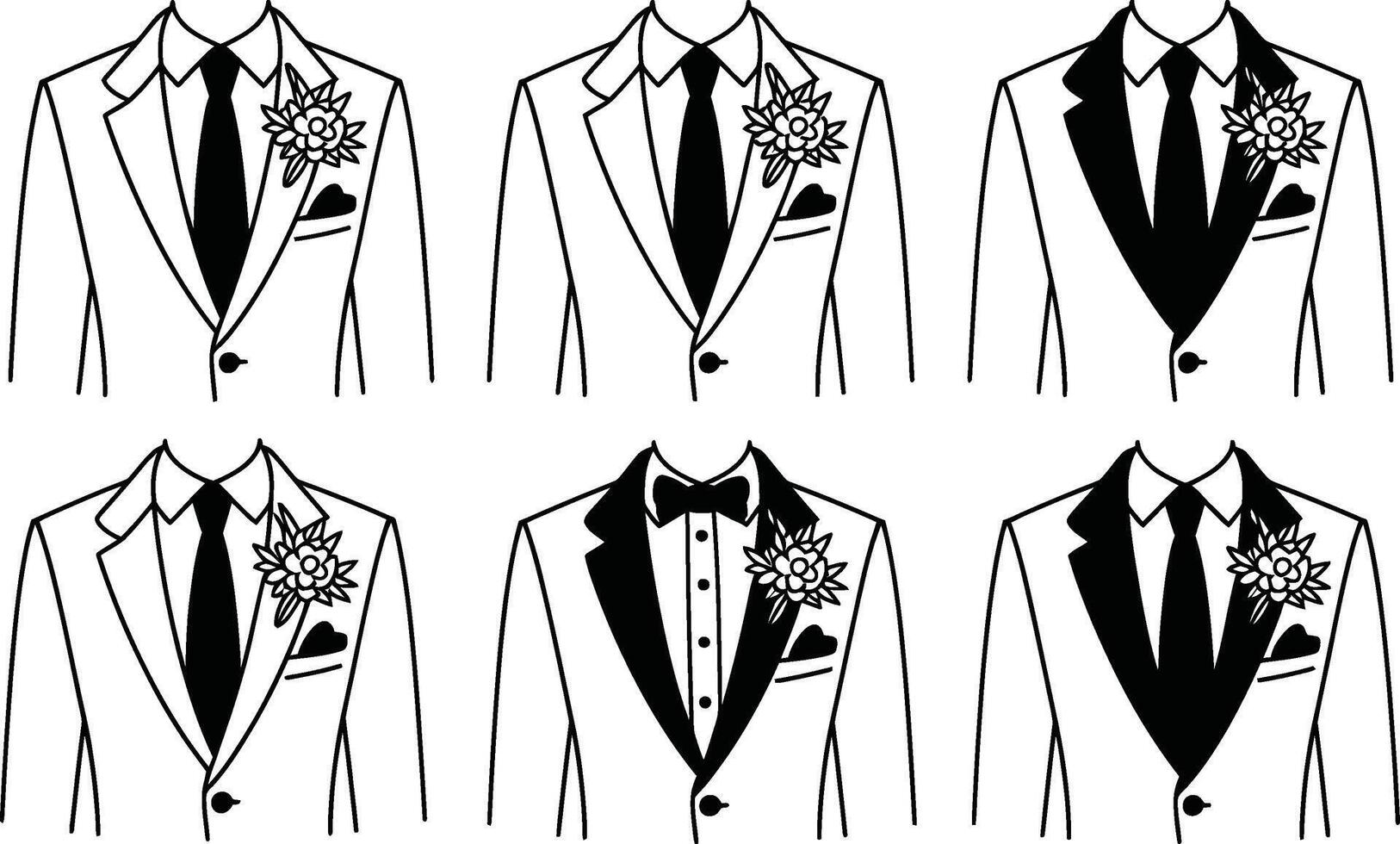 Line art groom suit collection wedding attire bow tie tuxedo outfits vector