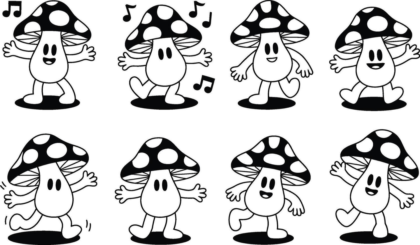Black and white cartoon mushroom character set dancing with musical notes vector