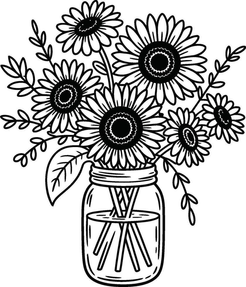 Sunflower bouquet in mason jar illustration black and white line art vector