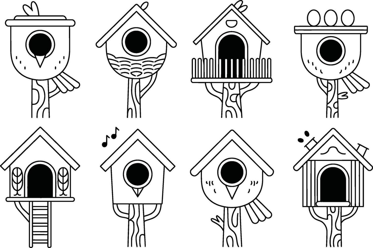 Collection of black and white birdhouse illustrations with unique designs on trees vector