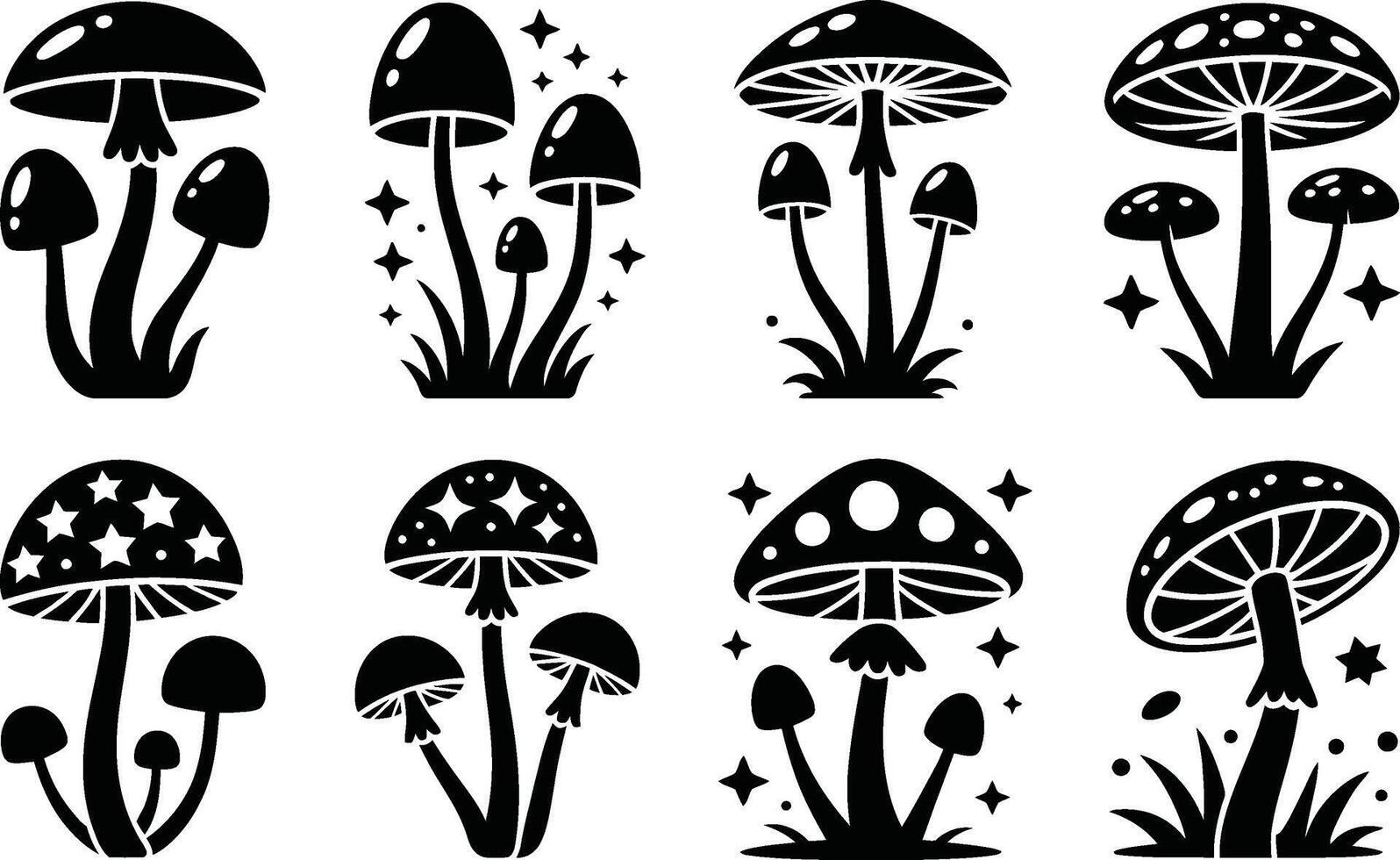 Collection of black and white mushroom silhouettes with star decorations for halloween vector