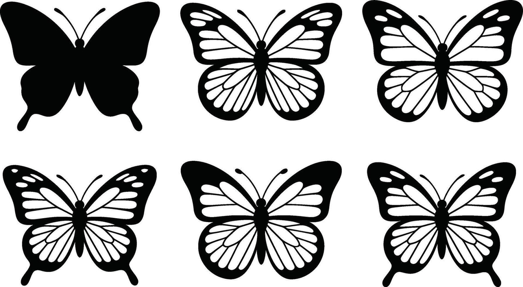 Butterfly silhouette set with different wing designs in black and white vector