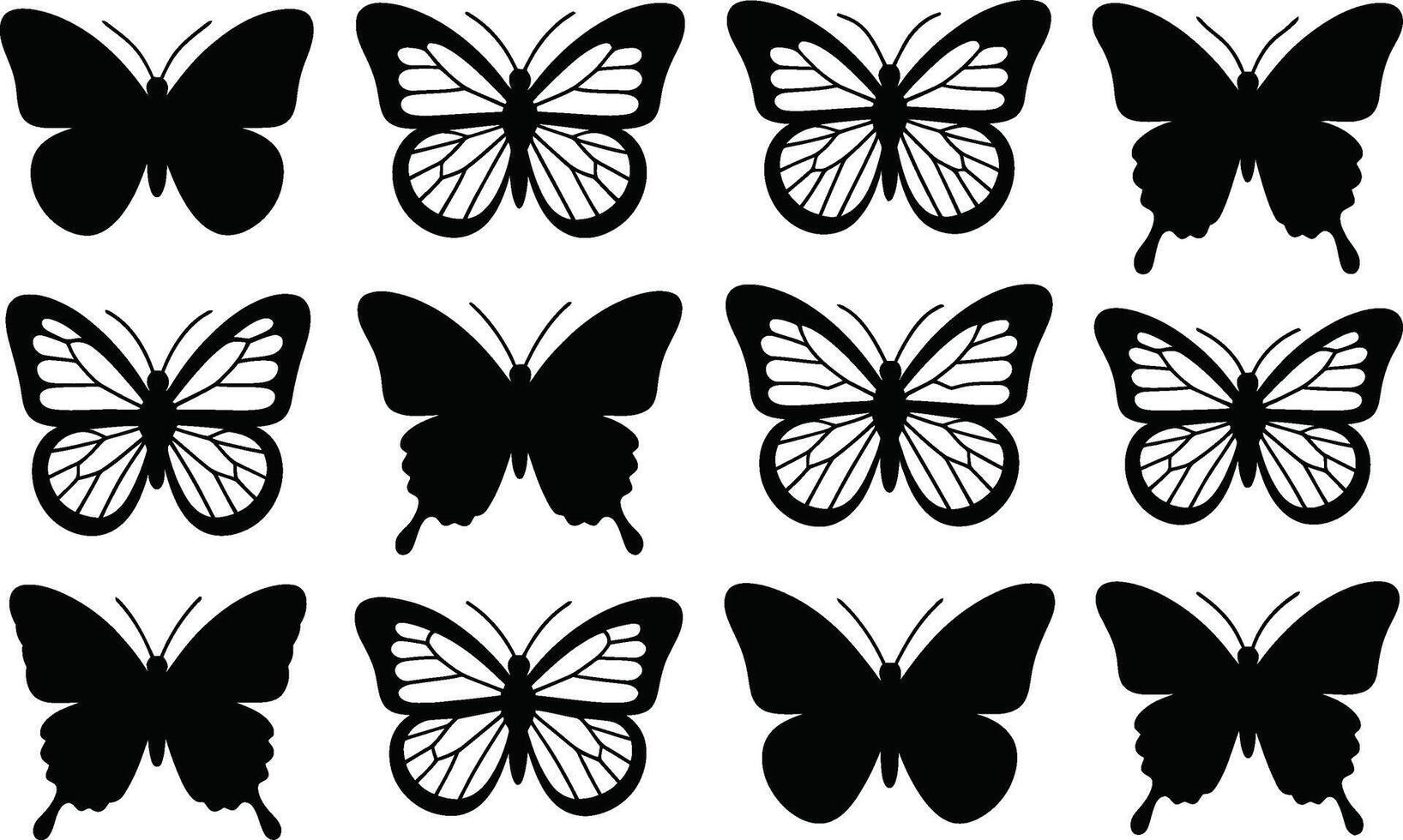 Black and white butterfly silhouette collection for graphic design projects vector