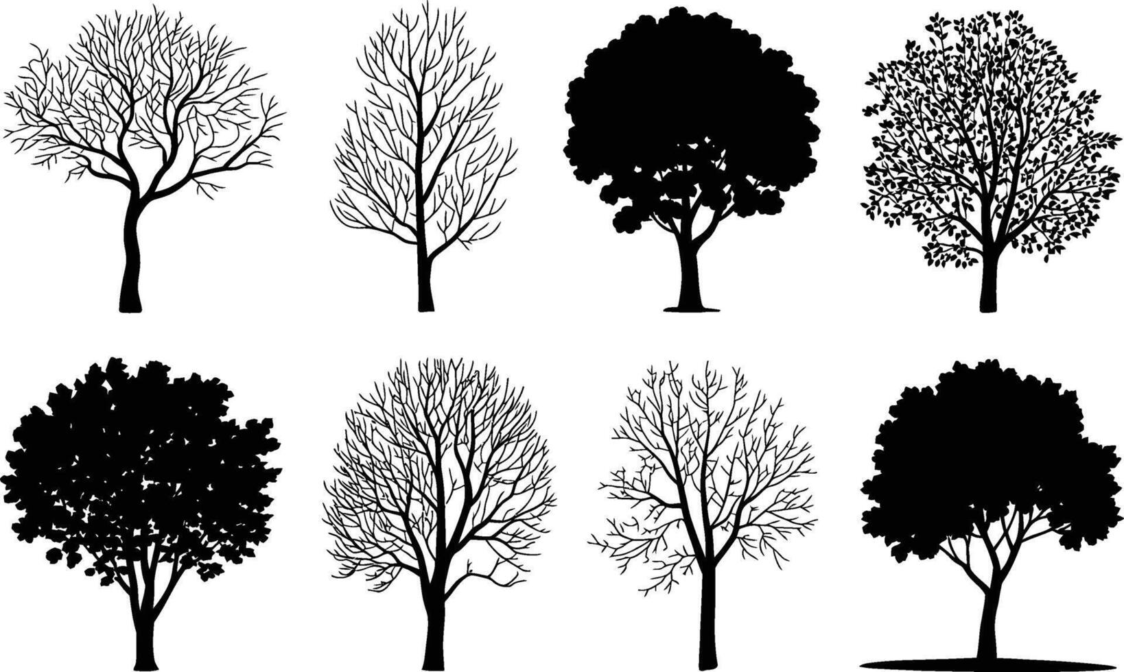 Set of tree silhouettes with bare branches and foliage design elements vector