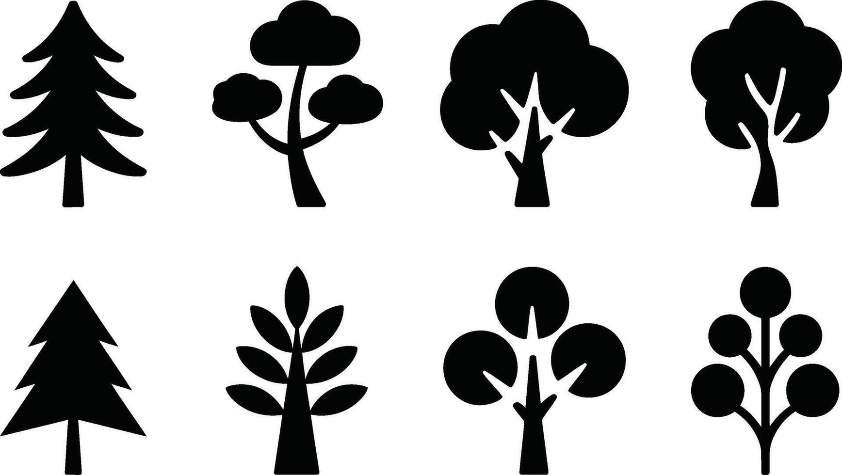 Collection of silhouette tree illustrations,forest trees and different forest tree types vector