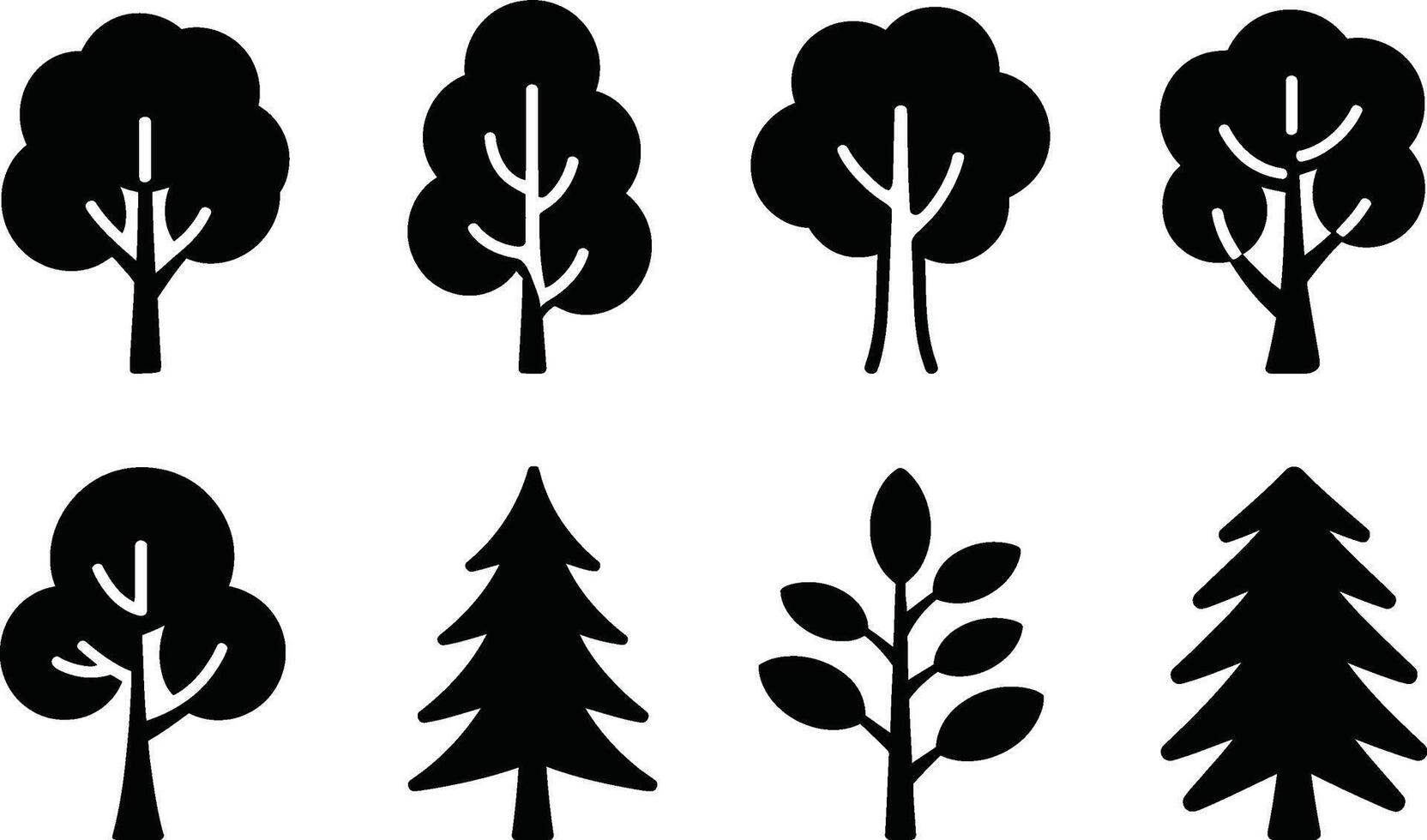 Set of diverse tree silhouettes in black and white illustration vector