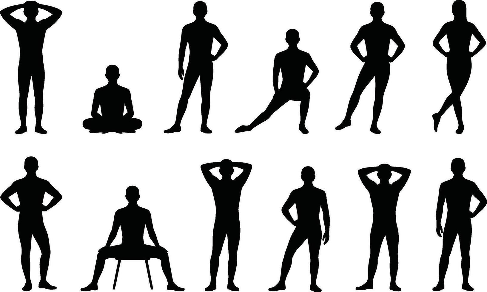 Group of people silhouettes exercising yoga and stretching poses collection vector