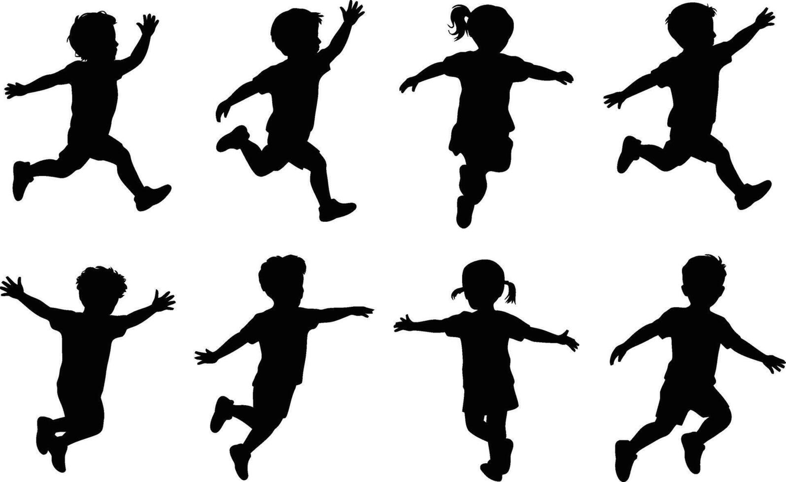 Silhouettes of children running and jumping happily playful kids illustrations vector