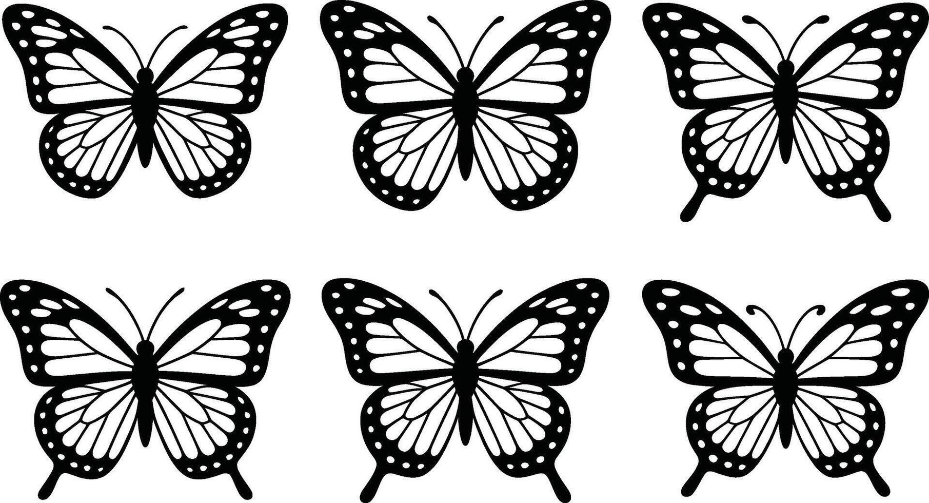Collection of six black and white butterfly illustrations isolated on white background vector