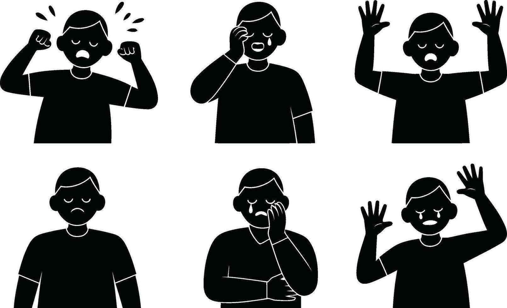 Different expressions of sadness anger and distress shown in black and white vector