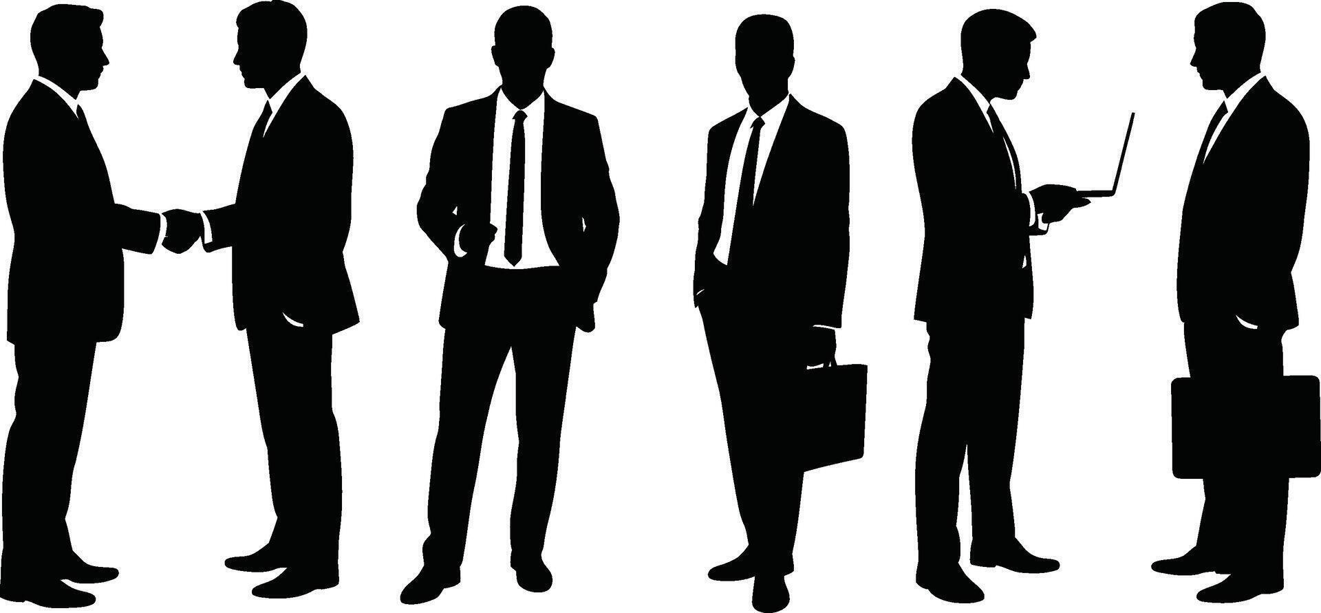 Silhouetted business professionals engaging in collaboration and communication in diverse situations vector