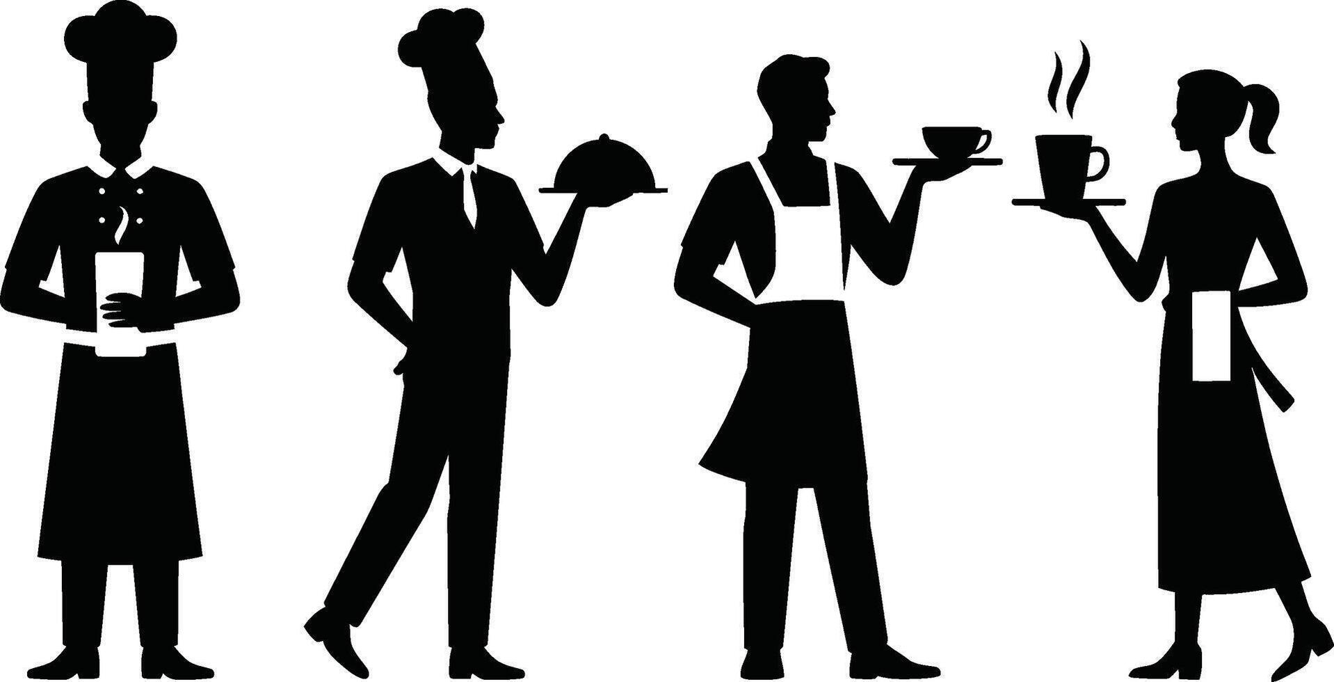 Silhouette illustrations of restaurant staff with chef waiter and waitress vector