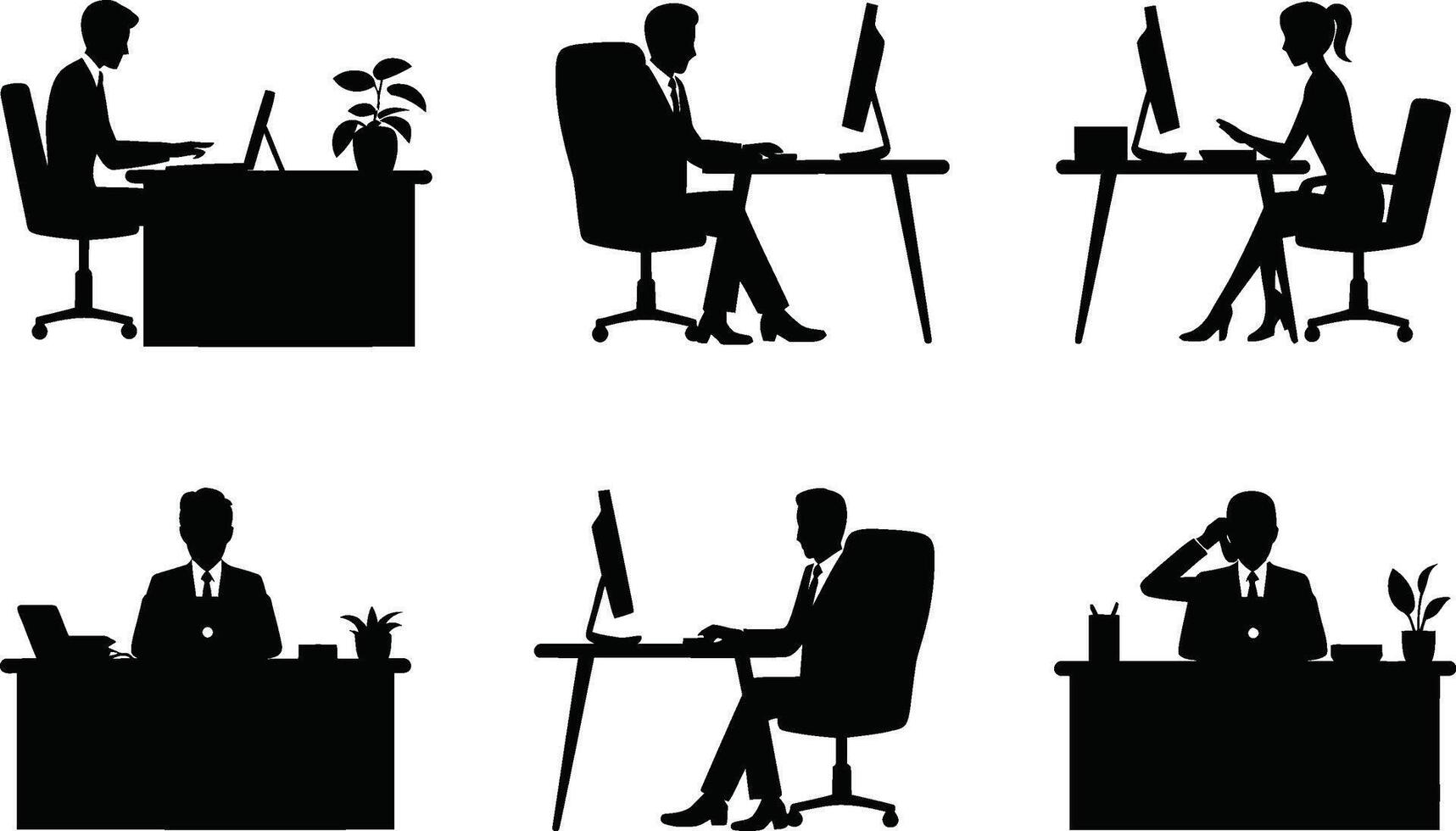 Silhouette illustration of people working in office cubicles and desks vector