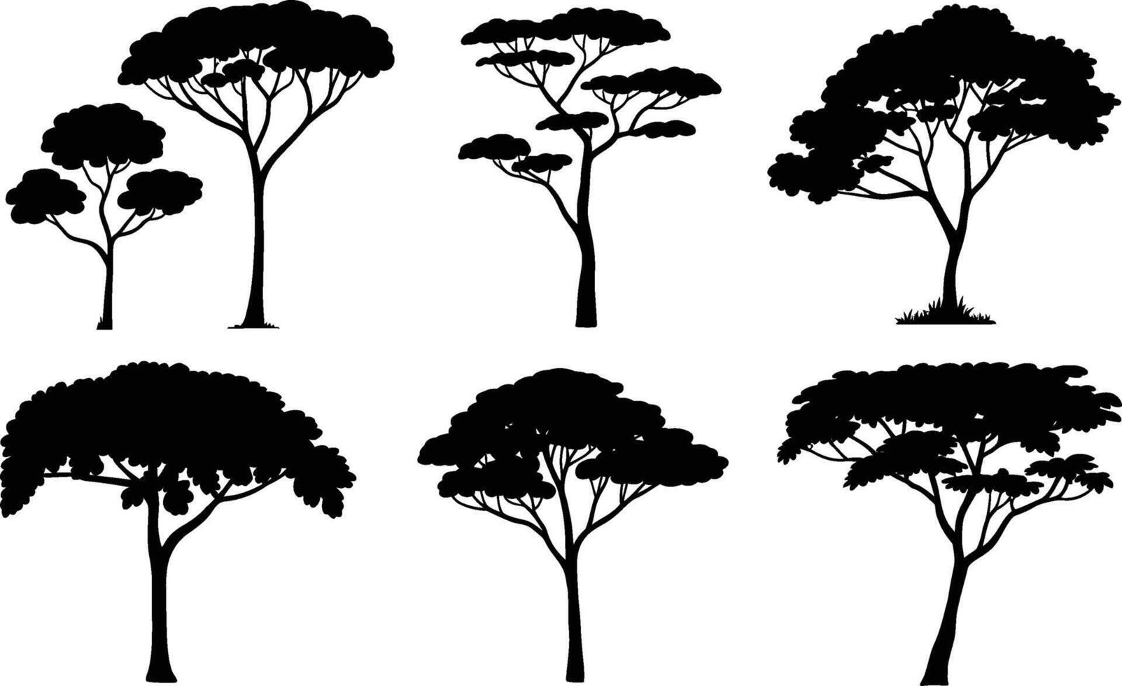 Collection of six tree silhouettes in different shapes isolated on white background vector