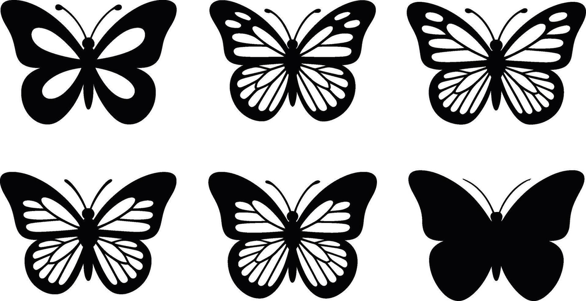Six butterfly silhouette designs with intricate wing patterns and clean black and white aesthetic vector
