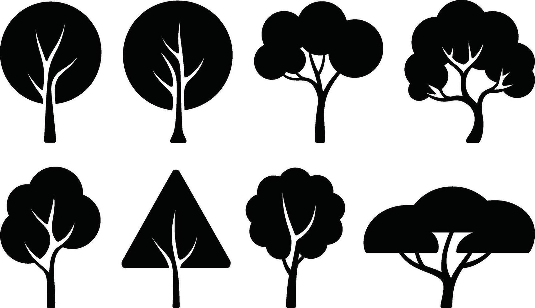 Black and white collection of tree silhouettes featuring various shapes vector