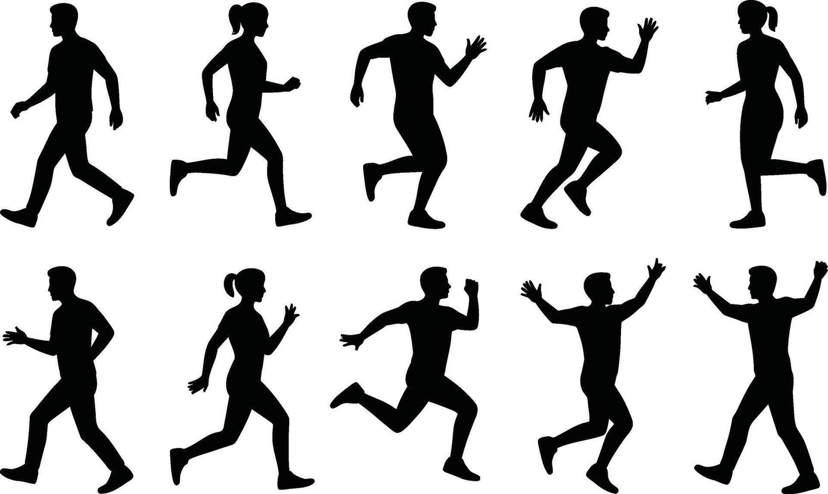 Silhouette collection of people in motion running walking and celebrating poses vector