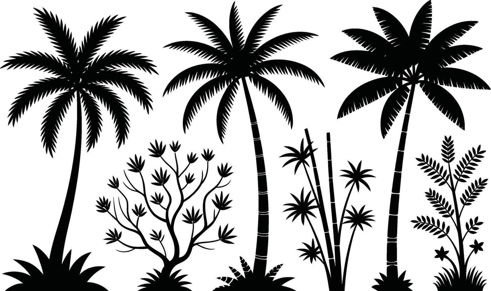 Tropical plant silhouettes with palm trees and exotic bushes on a white background vector
