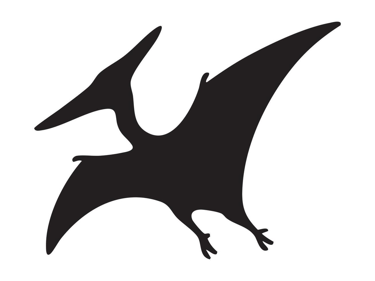 Black silhouette of flying Pteranodon with long wings and head crest, isolated on white background, graphic illustration. Concept of prehistoric pterosaur, jurassic flying reptile, design element vector