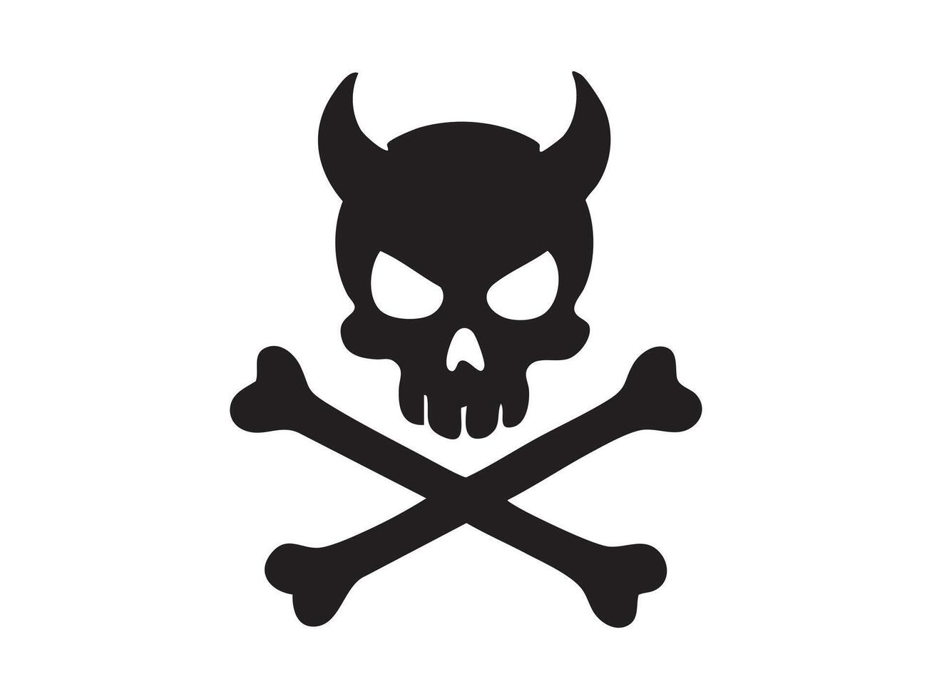 Black silhouette of cartoon human skull with horns and crossed bones, isolated on white background. Concept of pirate symbol, danger sign, devil or satan icon, gothic and halloween design element vector
