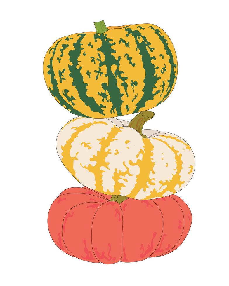 illustration of three colorful stacked pumpkins. Ideal for Thanksgiving, harvest season, or festive autumn-themed visuals in print and digital vector