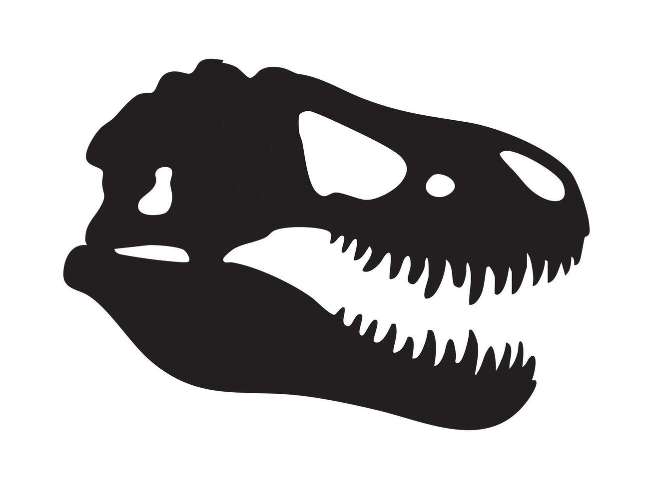 Black silhouette of Tyrannosaurus rex skull with sharp teeth and large jaw, isolated on white background, graphic illustration. Concept of prehistoric dinosaur skeleton, T rex fossil vector